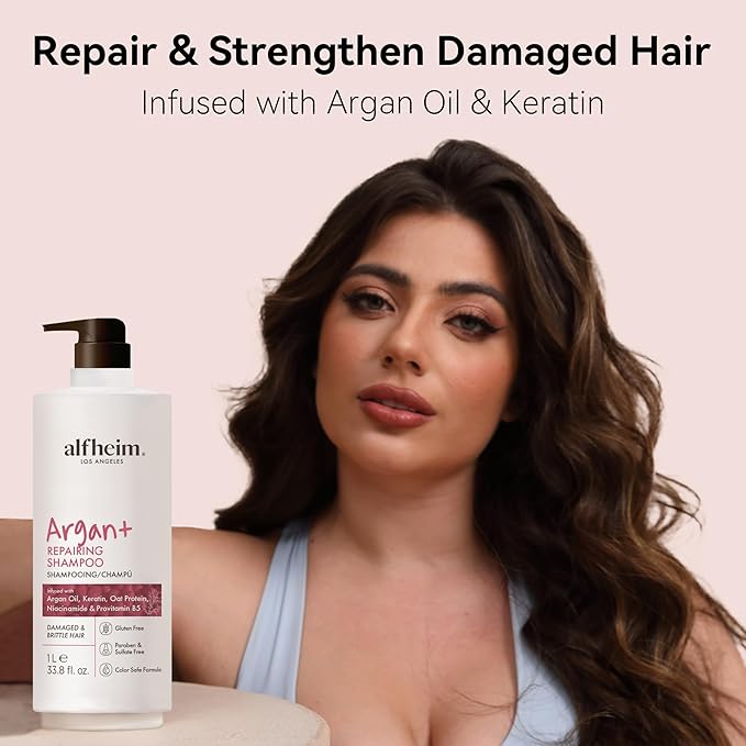 ALFHEIM Argan+ Repairing Shampoo | Argan Oil & Hydrolyzed Keratin for Deep Hydrating & Strengthening | Sulfate-Free for Dry, Damaged ＆ Fragile Hair | Reduce Breakage and Frizz | 33.8 fl oz
