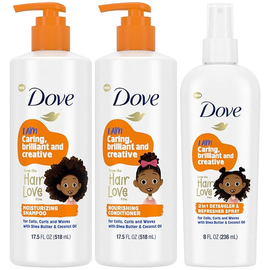 Dove Shampoo and Conditioner Set + Detangler Spray for Kids - Kids Hair Love Collection, Shampoo and Conditioner, Curly and Wavy Hair Products (3 Piece Set)