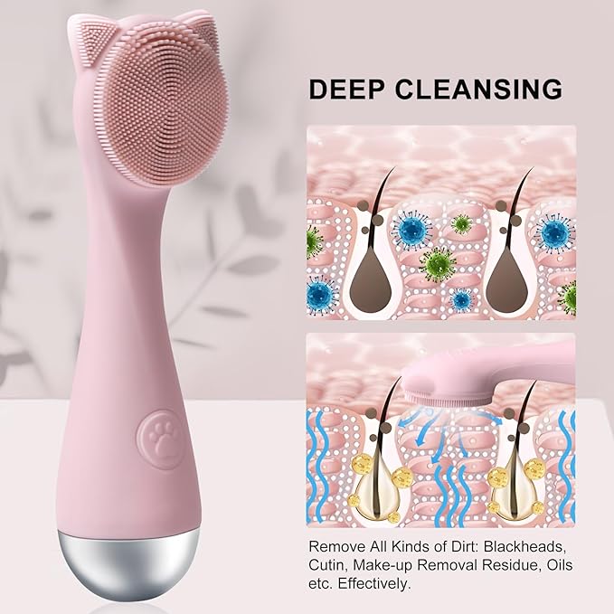 Facial Cleansing Brush, Silicone Face Scrubber Exfoliator for Men & Women, Electric Face Brush Waterproof, with 3 Speeds Adjustable for Deep Cleaning, Removing Blackhead, Face Massaging (Pink)