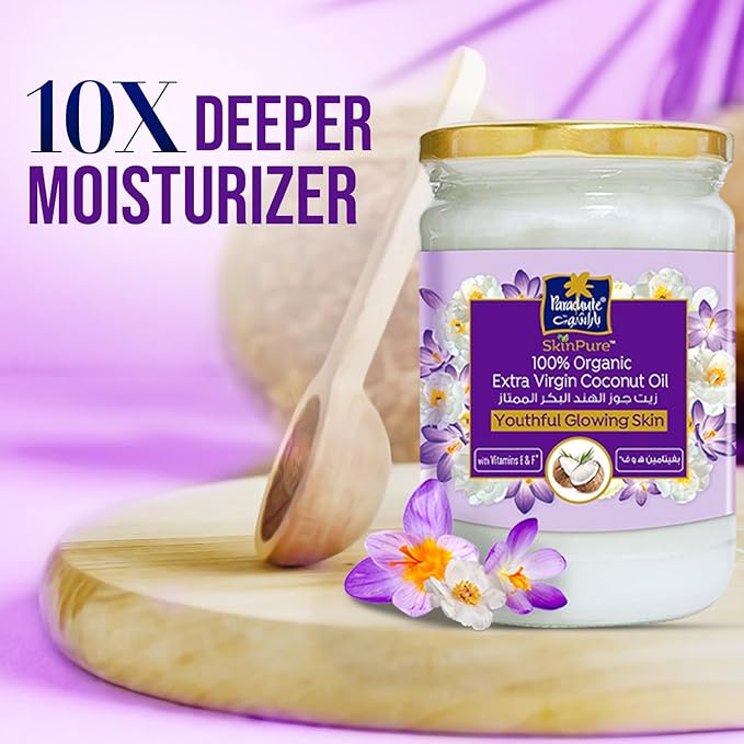 Parachute Advansed SkinPure 100% Organic Extra Virgin Coconut Oil with Vitamin E & F |Face & Body Oil Moisturizer| For Youthful, Glowing Skin| Evens Skin Tone| Cold Pressed | 6.7 fl.oz | Glass Jar