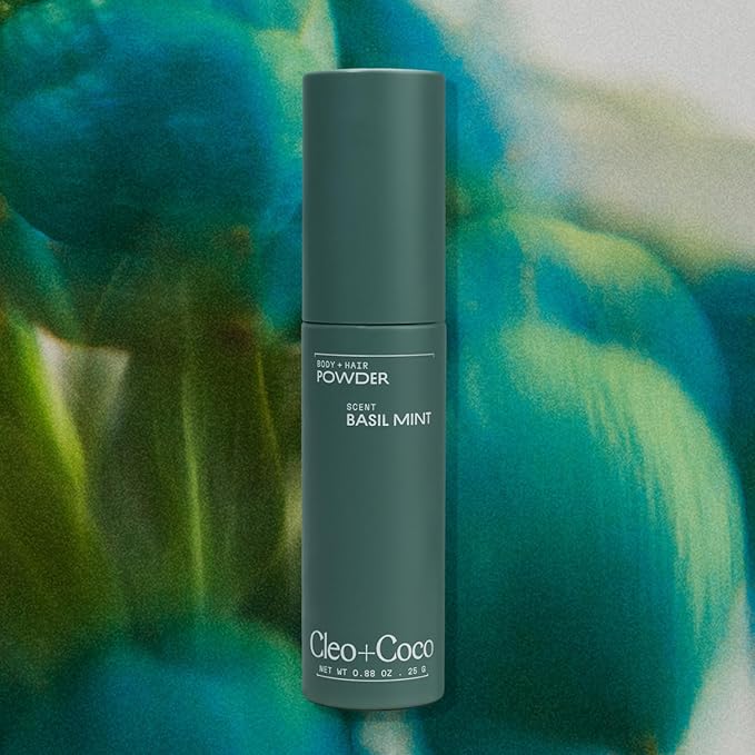 Cleo+Coco - Natural Dry Shampoo Powder - For Body & Hair - For Women - Absorbs Odor & Sweat - Essential Oils & Arrowroot Powder - Free of Talc & Parabens - PCR - Made in USA - Basil Mint - 0.88oz