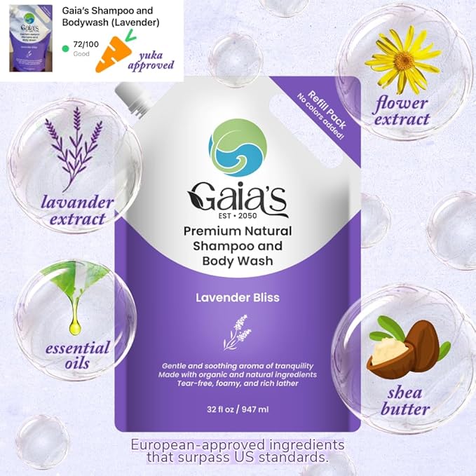 GAIA'S Natural Body Wash and Shampoo Lavender, Bulk Refill Size, 64 Fl Oz, Sulfate Free, Paraben Free, Dye Free, Tear Free, Organic and Natural Ingredients, PH Balance Feminine