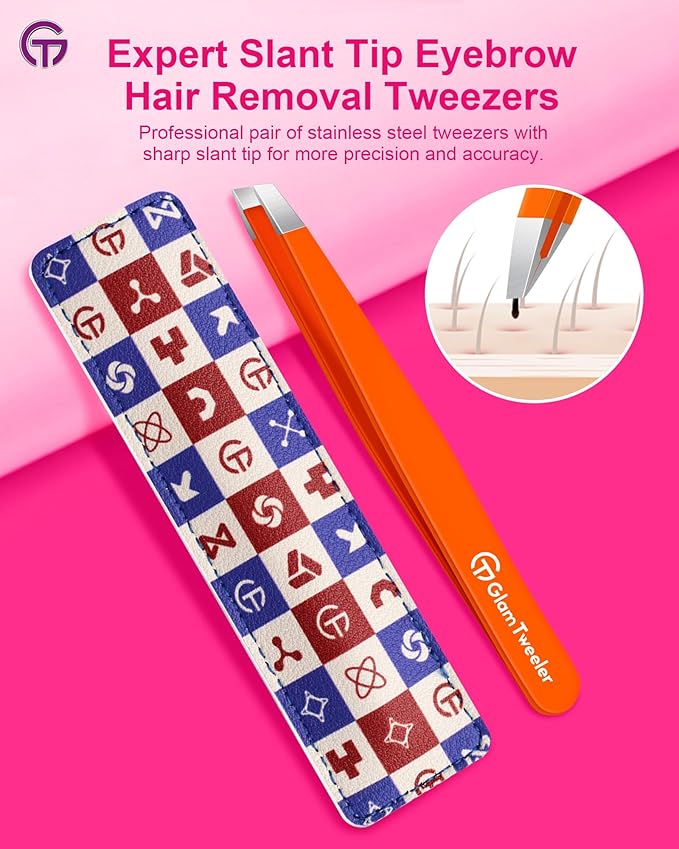 Expert Eyebrow Hair Removal Tweezer with Leather Case, GlamTweeler High Precision Slant Tip Stainless Steel Tweezers for Men and Women (Orange)