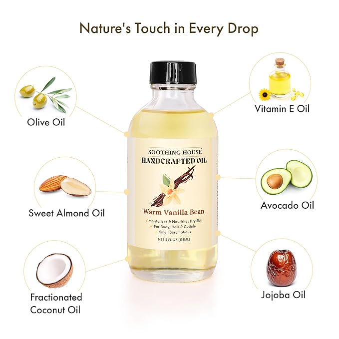 Warm Vanilla Bean Body Oil - Moisturizing Body Oil for Soft, Glowing Skin with Almond & Jojoba Oil (4 fl oz)