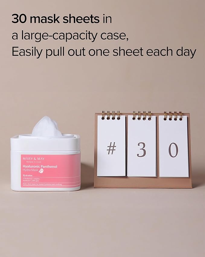 Mary&May Hyaluronic Panthenol Hydra Mask - Daily Pull Out Sheet Mask for Intense Moisturizing and Soothing - Korean Skincare, Hypoallergenic, Cruelty-Free, 30 Sheets