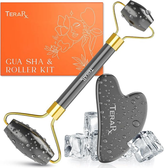 Terahertz Gua Sha & Facial Roller Set – 100% Authentic Terahertz Stone Face Roller to Reduce Puffiness, Improve Wrinkle Lines & Relieve Facial Tension – Perfect for Eye Massage and Relaxation