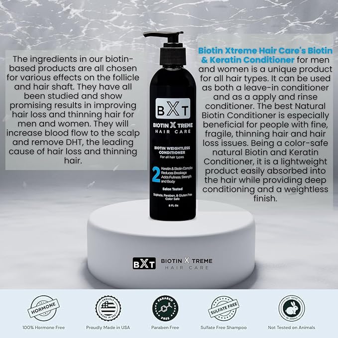 Biotin X Treme Natural Hair Growth Biotin and Keratin Conditioner for Thinning Hair - Strengthens, Smooths, and DHT Blocker - Color-Safe, Sulfate, Paraben, and Gluten-Free for Fine and Damaged Hair