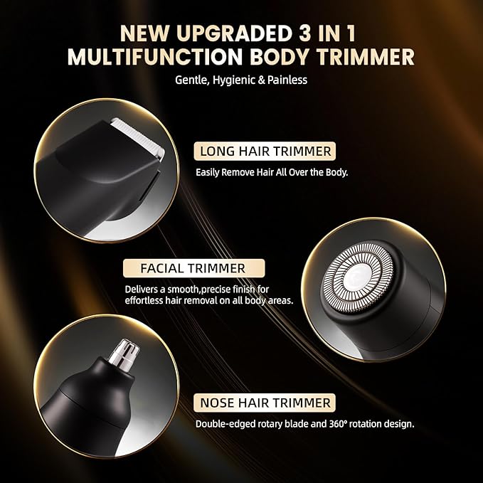 Body Hair Trimmer for Men，3 in 1 Electric Razor with Ceramic Blades, IPX7 Waterproof, USB Rechargeable, Painless Hair Removal for Face，Body，Nose，Groin, Travel Grooming Kit (Black)