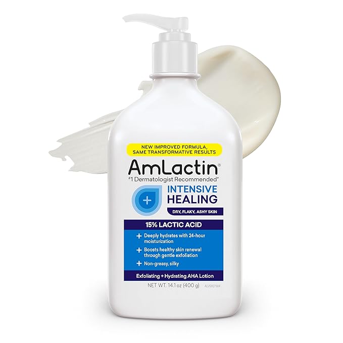 AmLactin Intensive Healing Body Lotion for Dry Skin, 14.1 oz Pump Bottle, 2-in-1 Exfoliator & Moisturizer with Ceramides & 15% Lactic Acid for Relief from Dry Skin (Packaging May Vary)
