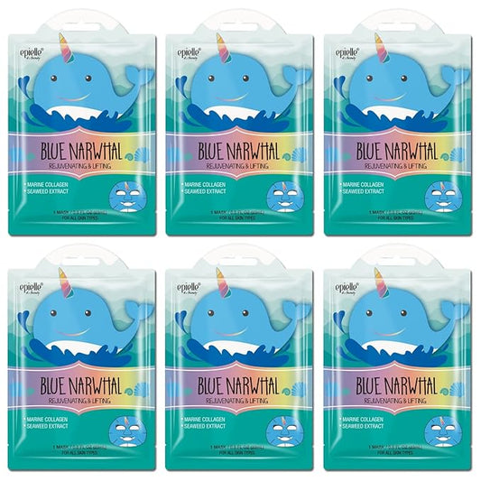 Epielle Animal Character Sheet Masks Blue Narwhal 6 Pack, Rejuvenating & Lifting Face Mask with Marine Collagen, Girls Spa Party Favors, Sleepover, Self Care Gifts for Women, Korean Skin Care
