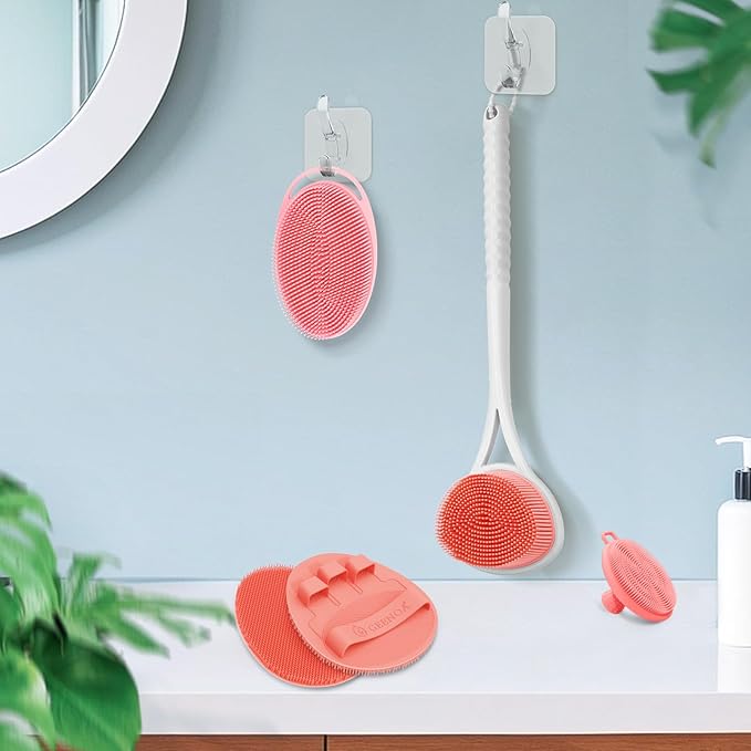 Silicone Back Body Face Scrubbers Set 4PCS, 15.35’’ Back Scrubber Soft Body Scrubber for Dual-Side Usage, Easy-to-Hold Soft Bath Glove & Face Scrubber for Good Foaming Deep Cleaning(Pink)