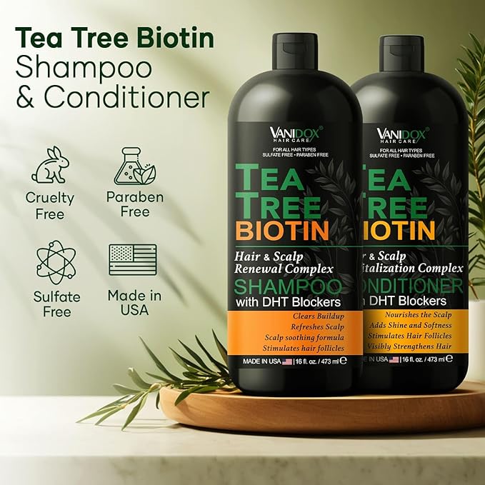 Tea Tree Oil Shampoo and Conditioner Set with Biotin, DHT Blockers, Itchy Scalp Relief, Supports Thicker-Looking Hair, Cleanses Dandruff & Buildup, For Men & Women, Made in USA, 16 fl oz Each