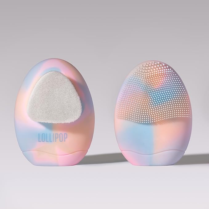 LOLLIPOP Dual-Sided Facial Cleansing Brush | Palm Size Silicone Face Exfoliator and Soft Fiber Cleanser | Manual Face Scrubber for Pores, Makeup Removal, Blackhead and Skincare Routine, Rainbow