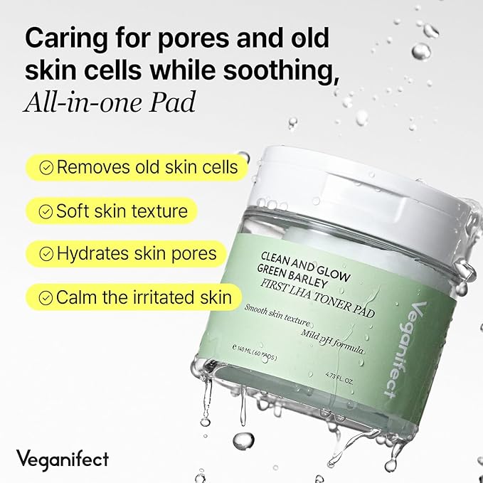 LHA Toner Pad, Mild Exfoliating Facial Pads for Glass Skin, Hydrating, Ideal for All Skin Types, Korean Skin Care, Vegan (60 Pads)