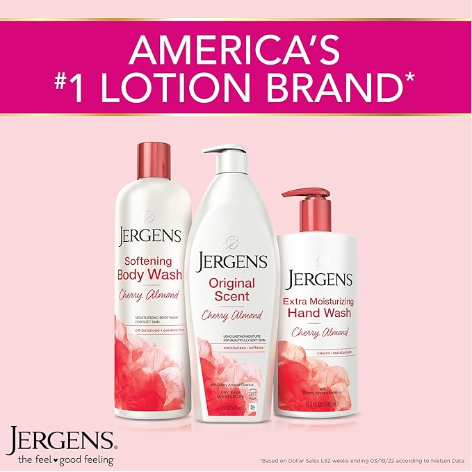 Jergens Original Scent Dry Skin Body Lotion, Hand and Body Moisturizer, Cherry Almond Essence, Dermatologist Tested, 3 Oz, Pack of 8