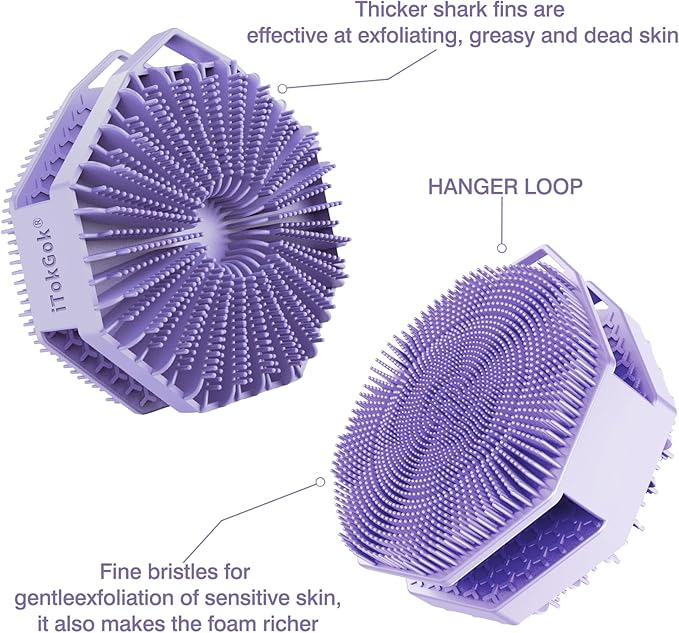 iTokGoK® Premium Silver-Infused 2 in 1 Silicone Body Scrubber, Double-Sided Design Body Brush Silicone Body Scrubber Exfoliating Body Brushes for All Skin for Showering, Lathers Well - Lavender