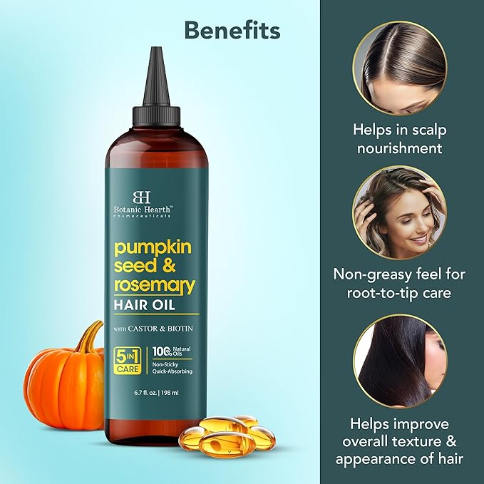 Botanic Hearth Pumpkin Seed Rosemary Oil For Hair Growth (6.7 fl oz)| Infused with Pumpkin Seed, Rosemary, Castor Oil | Hair Oil Repairs Dry Damaged Hair, Strengthening, Moisturizing, Healthier Hair