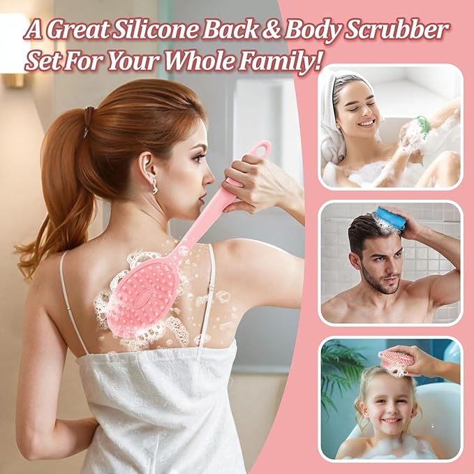 Silicone Back & Body & Face Scrubber Set 3PCS, Gentle Exfoliating Back & Body Scrubber with Dual-Side Brush Head, Hygienic Silicone Loofahs with Soft Bristle and Non-Slip Handle(Pink-3PC)
