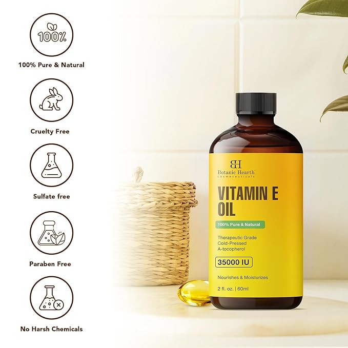 Botanic Hearth Vitamin E (Styling Oil, Glass Bottle 2 Fl Oz) | 100% Pure & Natural | 35,000 Iu | For Growth Of Nails, Hair, Eyebrows & Eyelashes | Includes Brush Set | Hair & Body Oil