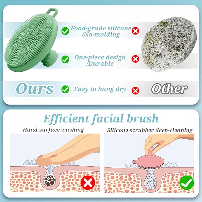 Silicone Back Body Face Scrubbers Set 4PCS, 15.35’’ Back Scrubber Soft Body Scrubber for Dual-Side Usage, Easy-to-Hold Soft Bath Glove & Face Scrubber for Good Foaming Deep Cleaning(Green)