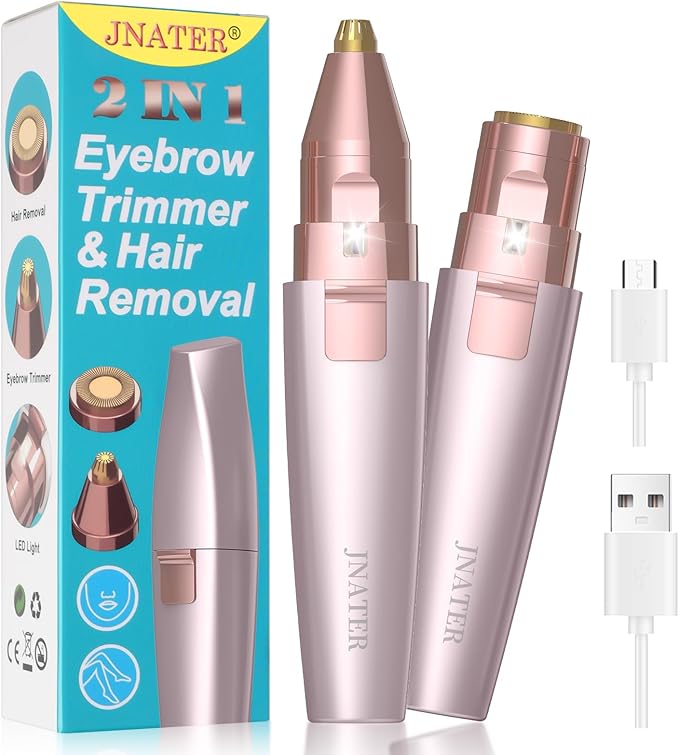 Eyebrow Facial Hair Remover - 2 in 1 Rechargeable Eyebrow Trimmer and Facial Hair Removal for Women, Painless Electric Hair Removal Device with LED Light for Face Eyebrows Peach Fuzz Lip Body