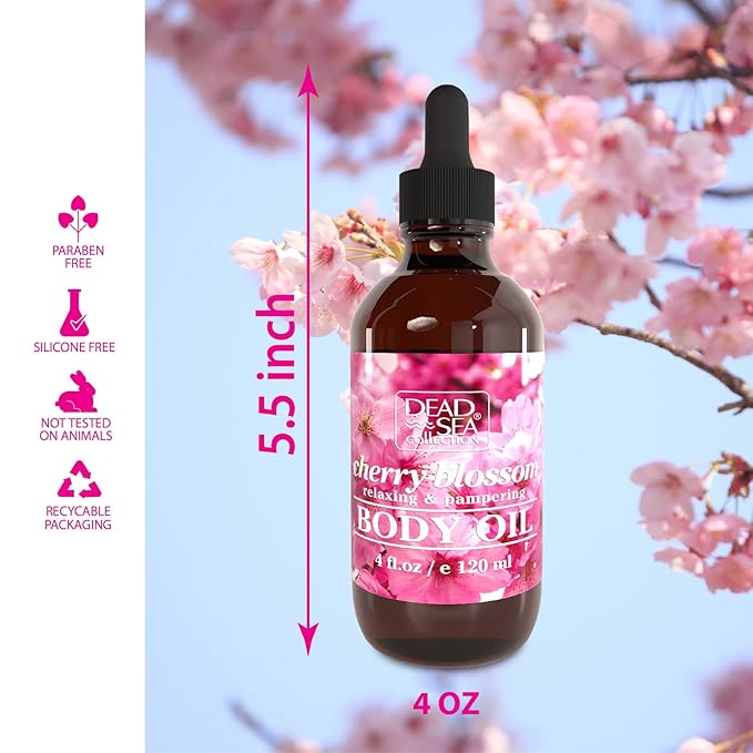 Dead Sea Collection Body Oil for Dry Skin - Cherry Blossom & Vitamin E, A, D Moisturizing Oil - Anti-Aging and Skin Elasticity Support - (4 fl.oz)