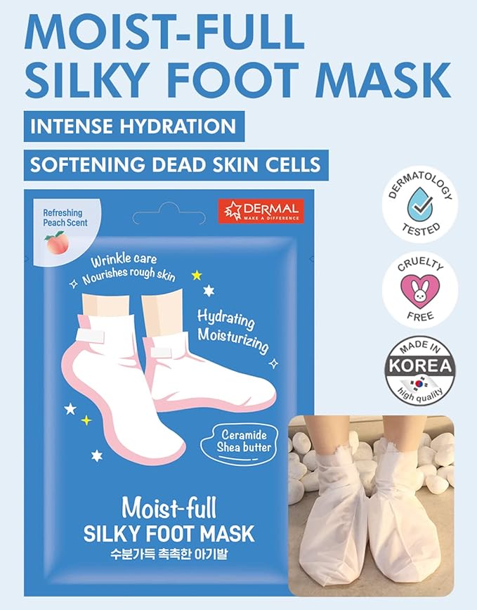 DERMAL Moistfull Silky Foot Mask 3 Pairs - Hydrating Foot Mask Socks for Dry Cracked Feet, Toes, and Callus - Ceramide, Shea Butter - Repair Rough Heels - Refreshing Peach Scent (Non-Peel)