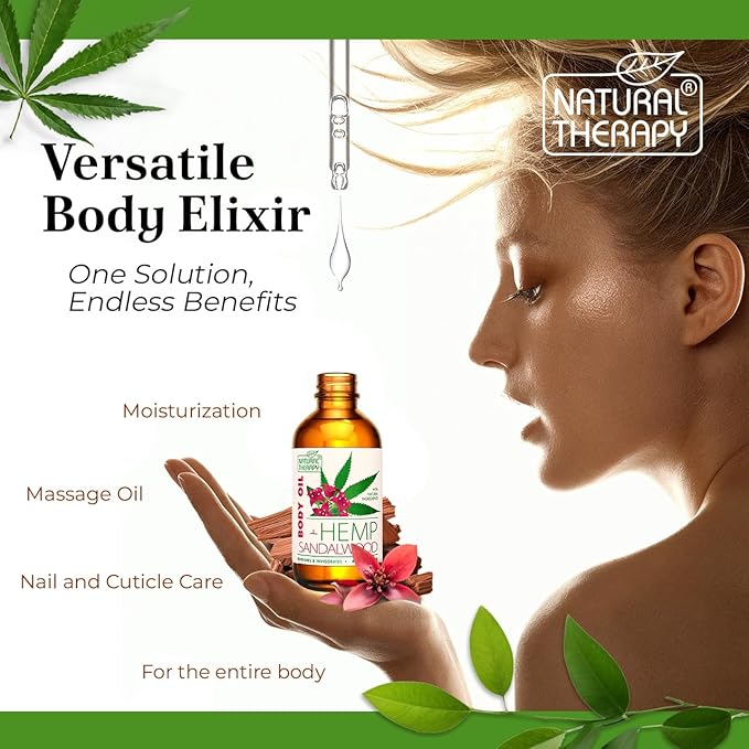 Natural Therapy Hemp & Sandalwood Body Oil – Moisturizing Body Oil – Hydrate & Soften Skin – Increase Skin Elasticity and Provide Anti-Aging Support (4 Fl.Oz)
