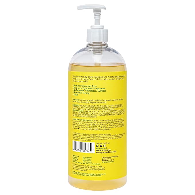 Dr. Natural Hemp Body Wash - Natural for Sensitive Skin - Moisturizing - Anti-Aging and Acne Reduction - Citrus Oil - 32 oz