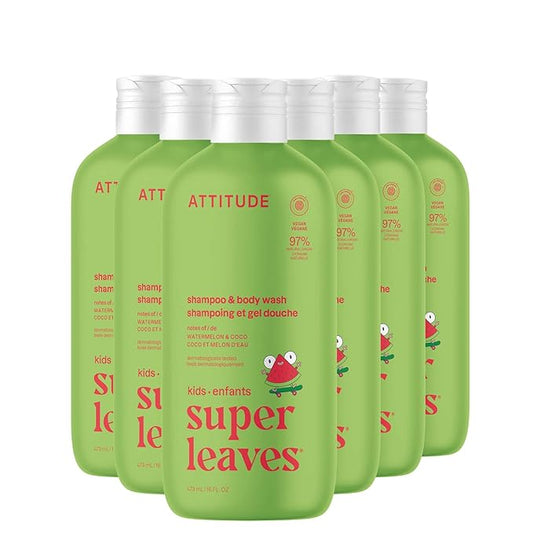 ATTITUDE Shampoo and Body Wash for Kids, EWG Verified, Dermatologically Tested, Plant- and Mineral-Based Ingredients, Vegan and Cruelty-Free, Watermelon and Coco, 16 Fl Oz (Pack of 6)