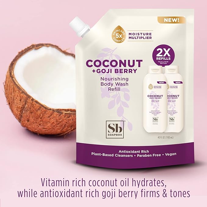 Soapbox Body Wash Refill, Coconut + Goji Berry Body Wash Refill Pack, Bulk Soap Pouch, Vegan + Antioxidant Rich Moisturizing with Shea Butter, Peptides & Keratin Promoting B3, 40oz