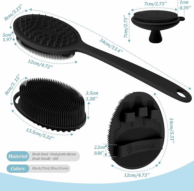 Silicone Back/Body/Face Scrubber & Soft Bath Glove Set 4PCS, Gentle Exfoliating Back & Body Scrubber with Dual-Side Brush Head, Hand-fit Bath Glove & Face Scrubber for Deep Cleaning(Black-4PC)