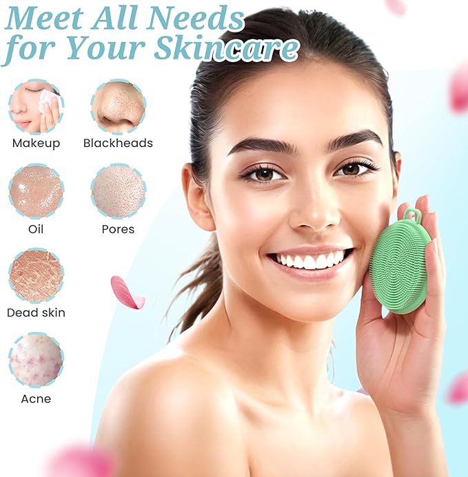 Silicone Back Body Face Scrubbers Set 4PCS, 15.35’’ Back Scrubber Soft Body Scrubber for Dual-Side Usage, Easy-to-Hold Soft Bath Glove & Face Scrubber for Good Foaming Deep Cleaning(Green)