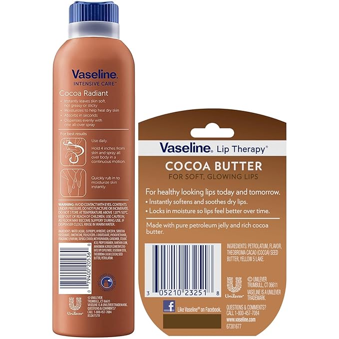 Vaseline Cocoa Radiant Spray Body Lotion 2-Pack + Mini Lip Therapy for Soft, Glowing Skin & Lips