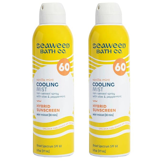 Seaweed Bath Co. Cooling Mist SPF 60 Sport Broad Spectrum Hybrid Sunscreen Spray, 6 Ounce (Pack of 2), Sustainably Harvested Seaweed, Aloe, Peppermint