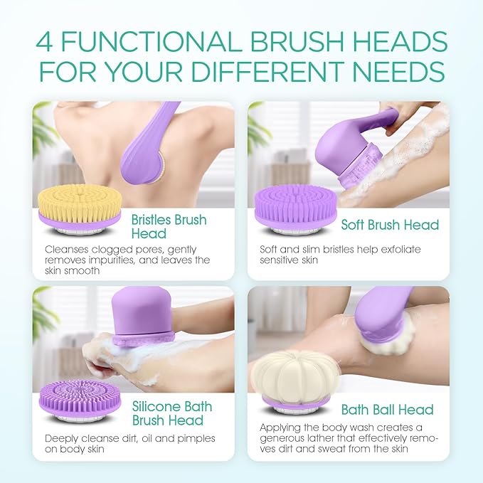 VOYOR Electric Body Brush Back Scrubber Silicone Body Scrubber Two-Way Rotating Brush Head for Deep Cleaning, Exfoliation, 4 Attachments Long Handle IPX6 Rechargeable Shower Brush BC300 (Purple)