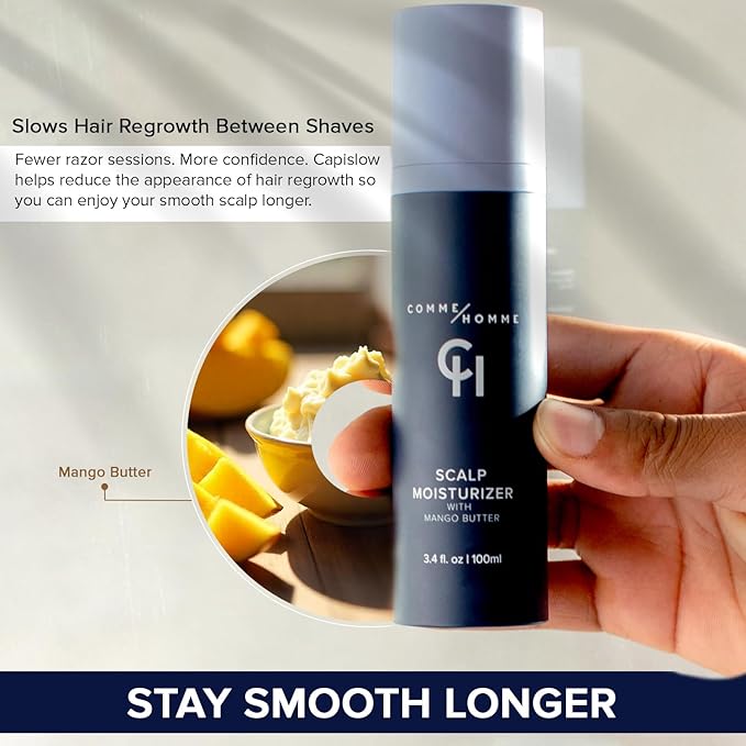 Comme Homme Soothing Scalp Moisturizer for Bald Men | Hydrates, Softens & Slows Regrowth with Aloe, Mango Butter & Capislow | Anti-Itch, Non-Greasy Daily Scalp Care for Bald Heads | 3.4 fl oz/100 ml