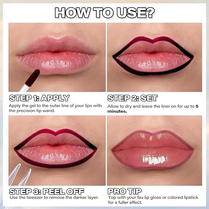 3PCS Peel Off Lip Liner Stain Set, Tattoo Lip Liner Peel Off Lip Stain with Tweezer, Long Lasting, Waterproof, Transfer-proof, Highly Pigmented Matte Finish Lip Tint Stain