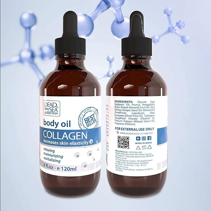 Dead Sea Collection Body Oil for Dry Skin - Collagen & Vitamin E - Moisturizing & Nourishing, Anti-Aging & Skin Elasticity Support for Face (4 Fl. Oz Each)