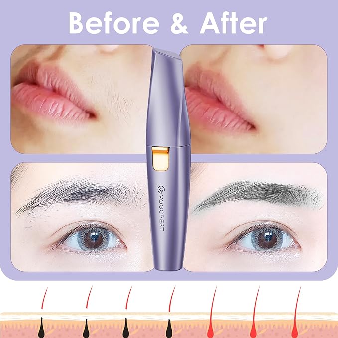 Eyebrow Facial Trimmer: 2 in1 Rechargeable Facial Hair Removal and Eyebrow Shaver - Face Lips Body Painless Facial Razor with Built-in LED Light (Solar Purple)