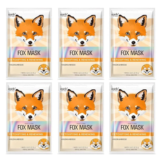 Epielle Animal Character Sheet Masks Fox 6 Pack, Defoxifying & Renewing Face Mask Skincare Set with Melon & Hibiscus, Girls Spa Party Favors, Sleepover, Self Care Gifts for Women, Korean Skin Care