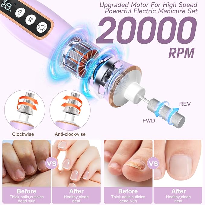 Professional Manicure Pedicure Kit with 360° LED Light&10 Speeds&Memory Mode with Case, Cordless Electric Nail Drill, Pedicure Tools for feet,Hand Foot Care Nail File for Thick Nail Toenail Cuticle