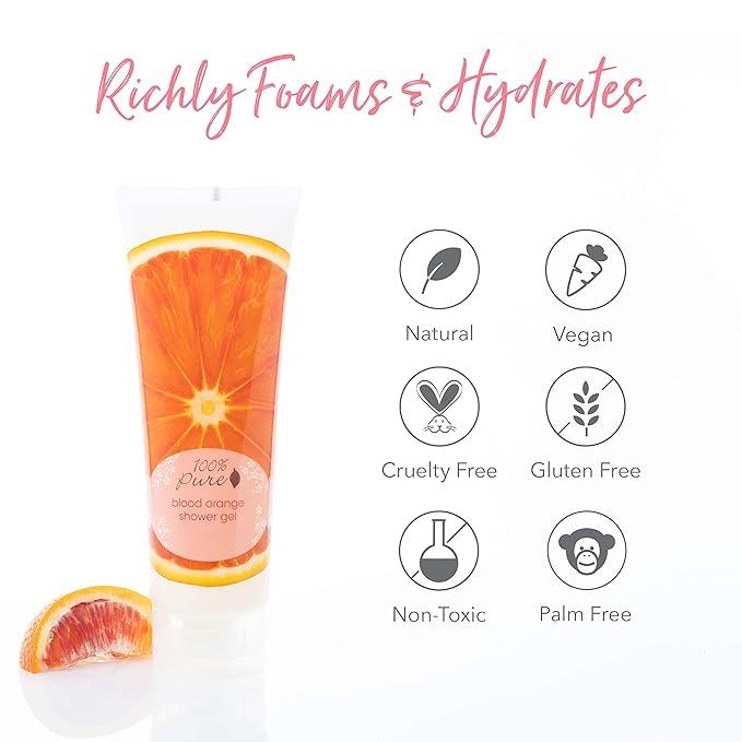 100% PURE Blood Orange Shower Gel Natural Foaming & Hydrating Body Wash - Deeply Moisturizing Gentle Soap Cleanser for All Skin Types, Even Sensitive - Gluten-Free - 8 Fl Oz