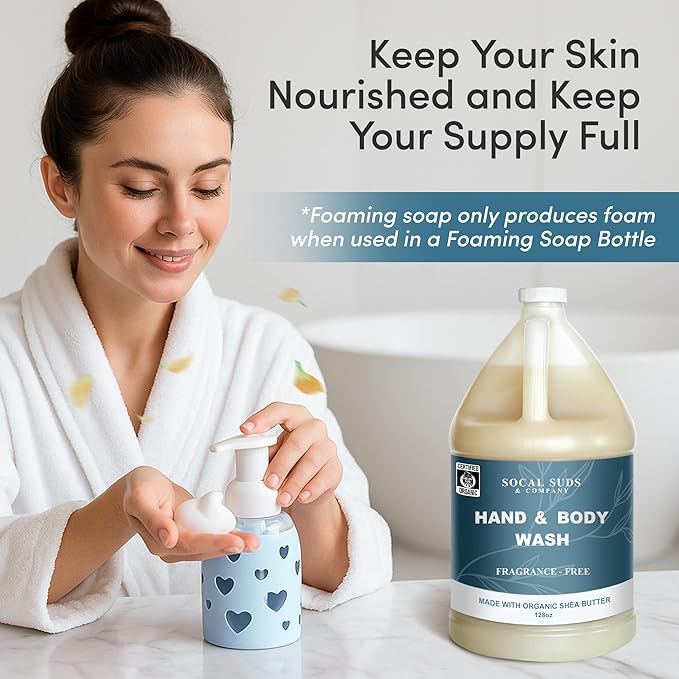 SoCal Suds & Company 128oz Certified Organic Hand & Body Wash w/Shea Butter- Gentle Natural Body,Baby & Face Wash for Sensitive Skin, Moisturizing Thick Castile, Hand Soap and More - Fragrance Free