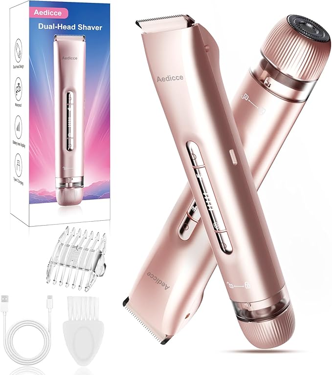 Bikini Trimmer for Women 2 in 1, Dual Head Womens Electric Shaver, Electric Razors for Pubic Hair, IPX7 Waterproof Rechargeable Facial Hair Removal for Shaving Underarm Leg Arm Body Face, Rose Gold