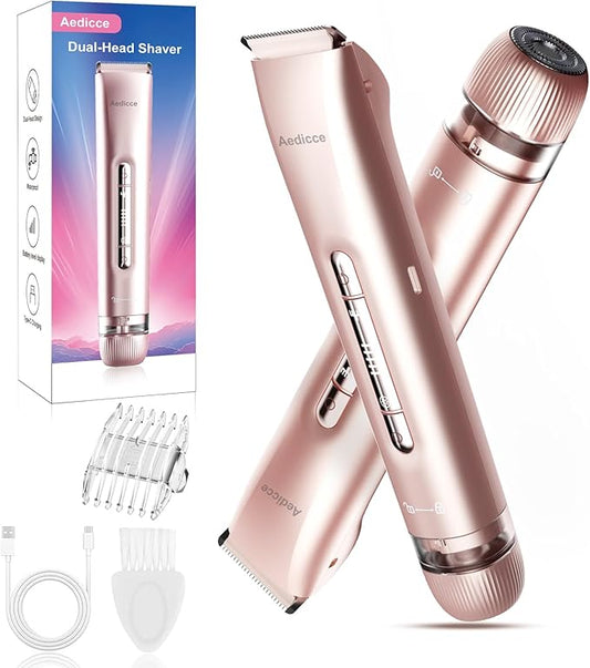 Bikini Trimmer for Women 2 in 1, Dual Head Womens Electric Shaver, Electric Razors for Pubic Hair, IPX7 Waterproof Rechargeable Facial Hair Removal for Shaving Underarm Leg Arm Body Face, Rose Gold