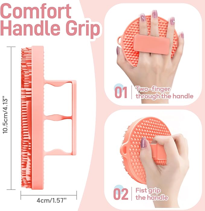 Silicone Back & Body & Face Scrubbers Set 4PCS, 15.35’’ Soft Back Scrubber for Dual-Side Usage, Easy-to-Hold Bath Glove Body Scrubber Face Scrubber for Good Foaming & Deep Cleaning(Pink)