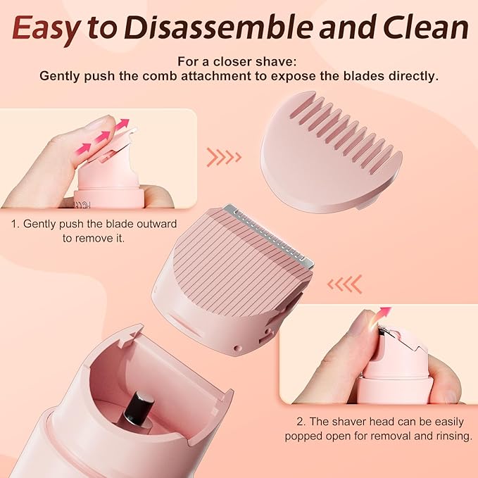 2 in1 Bikini Trimmer for Women, Dual-Head Electric Razor & Painless Hair Removal - Waterproof Cordless Lady Shaver for Body, Face Underarm, Intimate Areas, Facial Bikini Shaver (Pink)