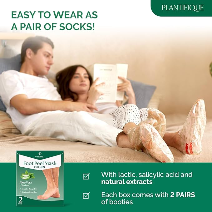 PLANTIFIQUE Foot Peeling Mask 2 Pack for Men | Dermatologically Tested Repairs Heels & Removes Dry Dead Skin for Baby Soft Feet | Exfoliating Foot Peel Mask for Dry Cracked Feet | Aloe Vera
