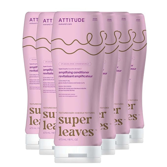 ATTITUDE Amplifying Conditioner for Curly Hair with Coconut Oil, Vegan Detangler and Naturally Derived Ingredients, 2a, 2b, 2c Curl Type, Gives body to Curls, 16 Fl Oz (Pack of 6)